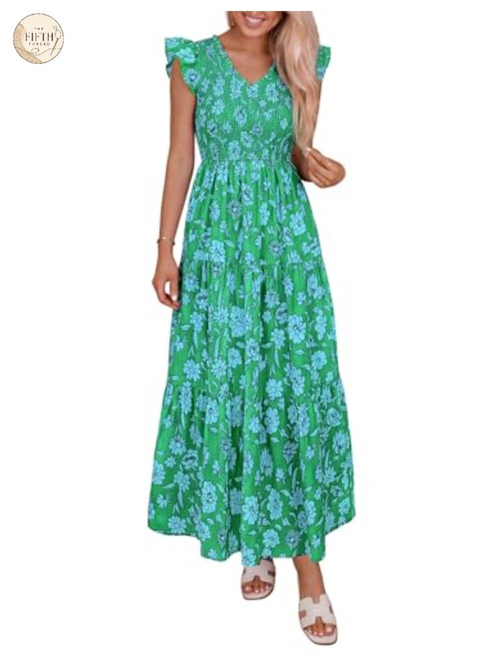 Smocked Boho Floral Maxi Dress V-Neck Fit and Flare Cap Sleeve
